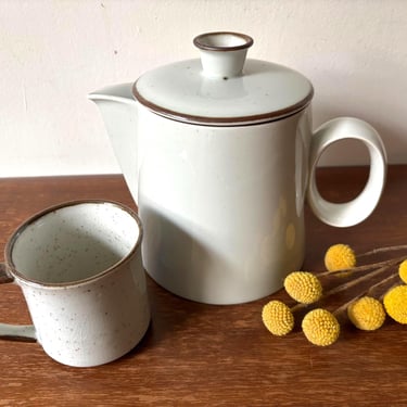 Vintage Dansk Brown Mist Stoneware Large Coffee Pot & Lid | MCM Retro Ring Rim Speckled Serving Teapot | Rustic Farmhouse Minimal Kitchen 