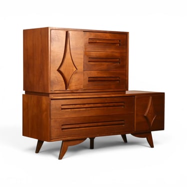 Specialty Woodcraft Sculpted Diamond Vintage Mid Century Modern Stacking Highboy Dresser c. 1960s 