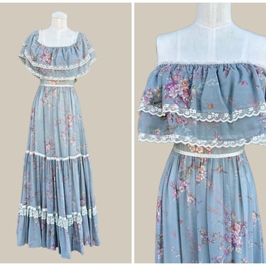 GUNNE SAX By Jessica Vintage 70s Dress | 1970s Ruffled, Prairie, Lace Maxi Dress | Boho Hippie Granny | Made in San Francisco | Size XS 