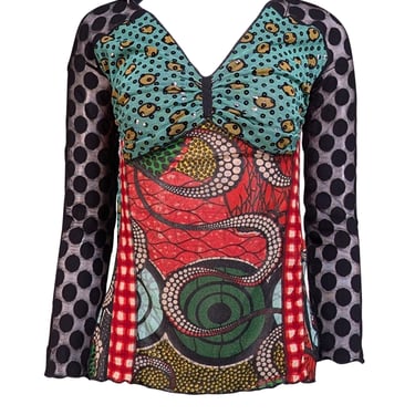 Jean Paul Gaultier - Black & Multi Print Open Back Semi Sheer Top Sz L