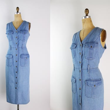 80s Light Blue Denim Dress / 1980s Jean Maxi Dress / 1980s /Blue Denim Dress / 1980s /Size M/L / Cotton Dress /Free US shipping 