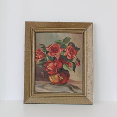 Vintage Floral Oil Painting, Framed Still Life Red Roses Flowers in Vase 