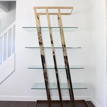 Vintage Brass Etagere Shelf Unit, Hollywood Regency, Art Deco, Mid-Century 1970's Angular Bookcase 