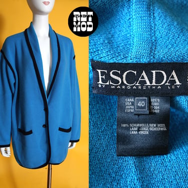 Vintage 90s Escada Blue & Black Trimmed Pop Art Oversized Sweater Cardigan with Pockets 