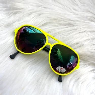 Vintage 90s Neon Yellow Reflective Lense Aviator Sunglasses 