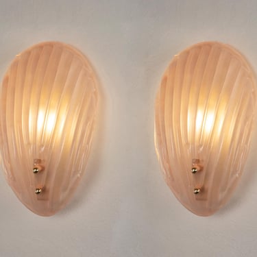 Wall Sconces Murano Glass set of 2, Pink Frost Shell, Brass Frame, Italy 