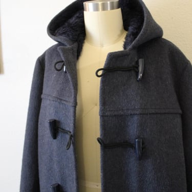 Vintage 1960s 70s Made in England Blue Wool Hooded Toggle Coat Super Warm Heavy Fuzzy Liner Fisherman // US 6 8 
