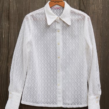 Vintage 70's White Sheer Knit Lace Long Sleeve Button Down Blouse Fashioned by Gregory 