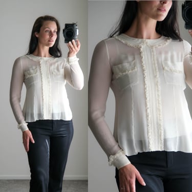 Vintage CHANEL Ivory Ruffled Cropped Silk Two Piece Blouse & Camisole Set | Made in FRANCE | 100% Silk | Y2K 2000s CHANEL Designer Silk Top 