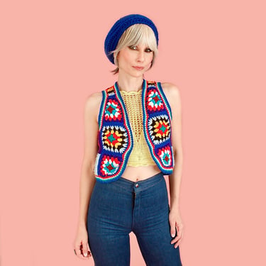 Vintage 1970's Granny Square Crochet Knit Sweater Sweater Vest //  Knit HiPPiE Boho 70's // Medium M 