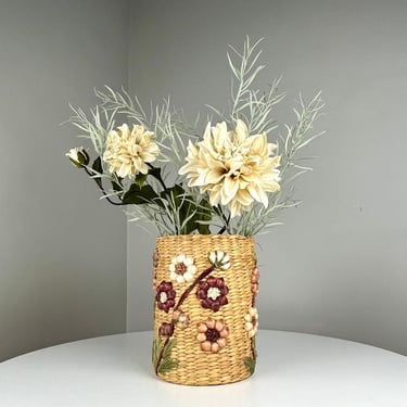 Vintage 1970s Woven Raffia Planter with a Raised Flower Pattern and Lining 