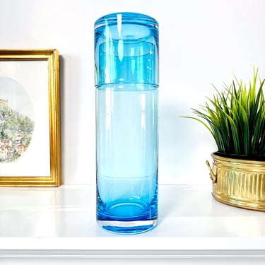 Vintage Aqua Blue Glass Decanter & Glass Bar Set, Retro 90s Barware, Modern Cylinder 