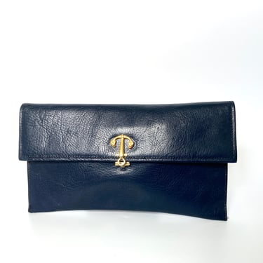 Vintage 70s Dark Navy Leather Slim Clutch Bag Gilt Anchor Clasp By MacLaren Made In England 