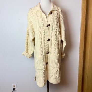 Beautiful Cardigan~ Irish cableknit sweater / extra long tunic style sweater jacket/ Large 