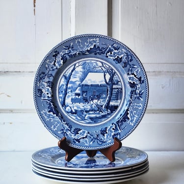 Johnson Bros Historic America Thanksgiving Frozen Up Blue Set of Four 