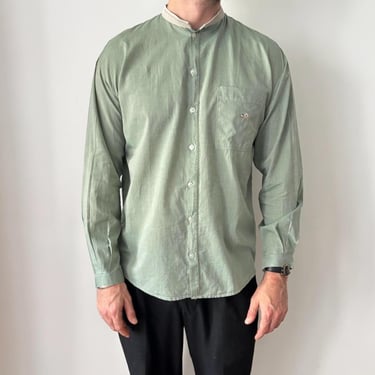 VINTAGE GIANNI VERSACE 1980s Sage Green Band Collar Shirt Tennis Embroidery 