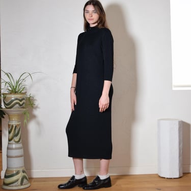 Vintage 1980s Black Hand Loomed MINIMALIST FRENCH RAGS Mock Neck Hourglass Knit Maxi Dress 