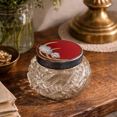 Antique Art Deco Glass Dresser Jar Floral Decorated Lid, delicate trinket box, collectible jewelry box, gifts for daughters 