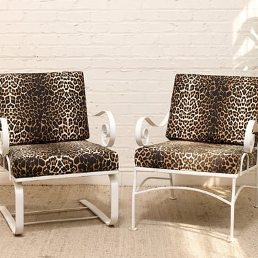 Vintage Leopard Print Lounge Chairs with White Scroll Arms
