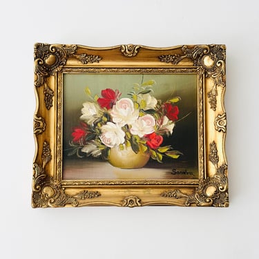 Vintage Oil Painting In Gold Tone Frame, Roses 