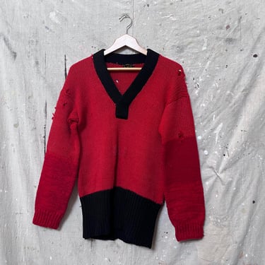 1930s Pullover 3-Tone Wool Sweater Red Black Thrashed 30s 40s 1940s Early Vintage Knit 