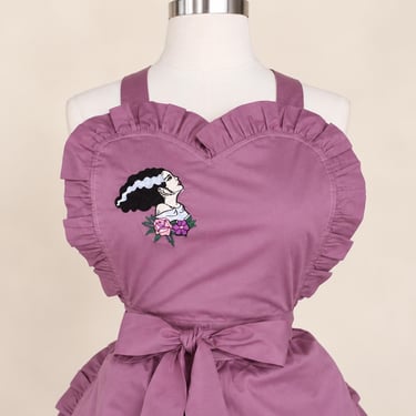Gothic Bride Apron, Vintage Inspired Apron, Retro Pinup Apron, Spooky Embroidered Apron, Horror Kitchen Gift, Halloween Apron 