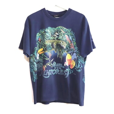 vintage RAINFOREST blue and wilding ANIMAL print all over bright t shirt -- size large 