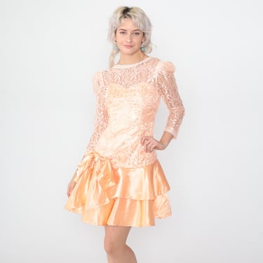 Vintage Satin Lace Prom Dress 80s Orange Party Dress Puff Sleeve Midi Sweetheart Neckline 1980s Formal Bridesmaid Tiered Ruffle Hem Small 4 