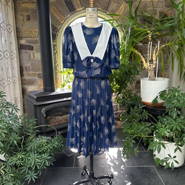Vintage 1980s Navy Blue Sailor Collar Dress 