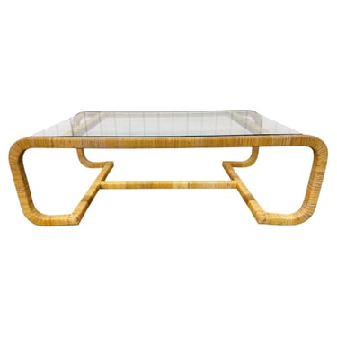 Mid-Century Modern Rattan Wrapped Glass Top Coffee Table 