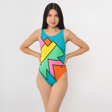 Vintage Peter Max Swimsuit 80s One Piece Colorblock Geometric Neon Abstract Print Bathing Suit USA Made 1980s Neo Max ILGWU Size 8 