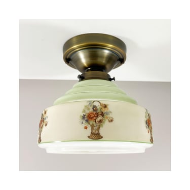 Victorian Era Glass Floral Ceiling Shade with Antique Brass Fixture - 10.5
