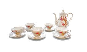 "Moss Rose" vintage porcelain 7.5" h teapot (as is) & 5 teacups/saucers (Japan)