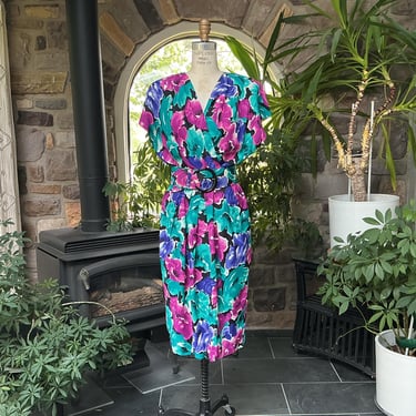 Vintage 1980s Vibrant Color Floral Wide Belt Rayon Dress All That Jazz 