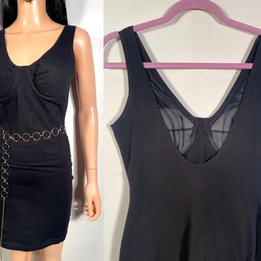 Vintage 80s Black Bodycon Tshirt Material Mini Dress With Padded Bust Made In USA Size M 