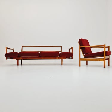Rare Midcentury Stella Sofa Ash wood Daybed By Walter knoll, set with armchair Germany, 1950s 
