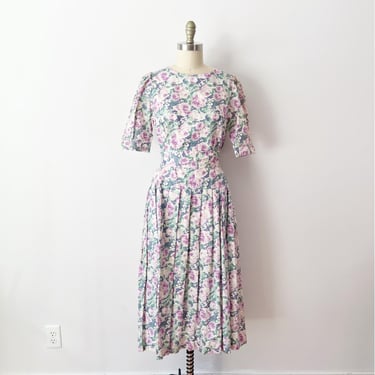 SIZE M 1980s Laura Ashley Dress, Cottagecore Floral Puff Sleeve Vintage Midi 