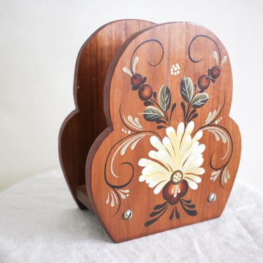 Vintage 1970s Reversible Wooden Napkin Holder - Hand Painted Norwegian Rosemaling & Whimsical Folk Art Owl - Double Sided Kitchen Decor 