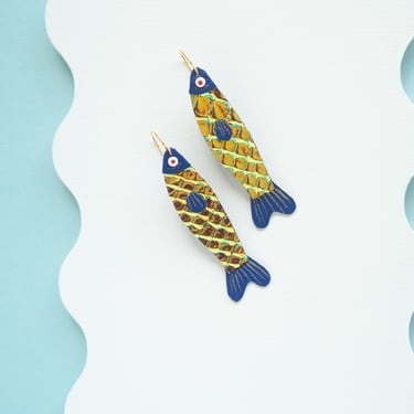 Jazz Sardines Fish Earrings - Made from Dark Blue Iridescent Leather Scraps 