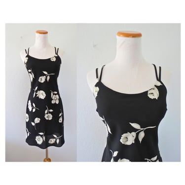 Vintage 90s Floral Mini Dress - 1990s Black Flower Print Strappy Summer Slip Sundress Low Back - Size Small 