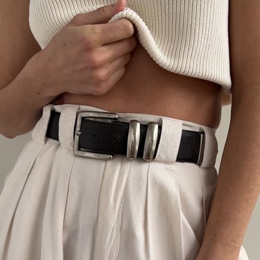 Vintage Tar and Silver Tone Square Buckle Leather Belt