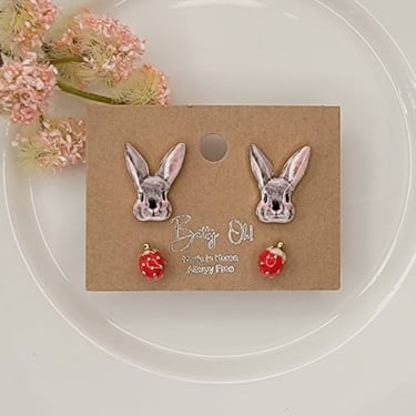 BUNNY WITH STRAWBERRY POST EARRINGS.