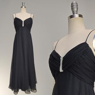 1970s Black Chiffon Gown / Flowing Evening Dress / Mike Benet Formal / Size Small 
