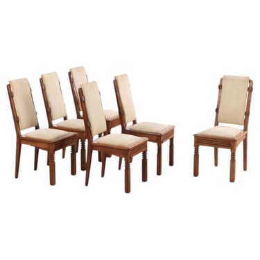 Rare Set of Six French Oak Dining Chairs by Charles Dudouyt, C 1940