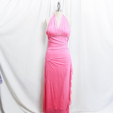2000s Bright Pink Halter Maxi Ruffle Dress Vintage Y2K Betsy Adam Rhinestone Ruched Fitted Evening Gown 
