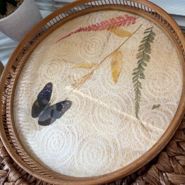 Round Bamboo Tray, Pressed Ferns, Butterfly, Glass Overlay, Cut Out,  Vintage Boho, Dresser, Living Room Decor, 70s Home 