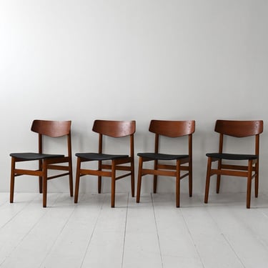 Set of 4 Mid-Century Scandinavian Teak Dining Chairs – Black Leather Seats, 1950s/60s 