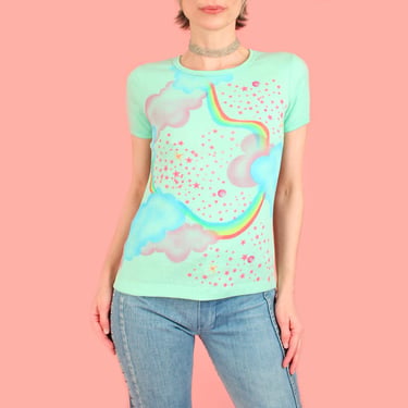 Vintage 70's French Cut Airbrushed T Shirt // Rainbow Dreamy Clouds + Stars PoP ArT Handmade Art 1970s Top Tee T-shirt Made in LA 