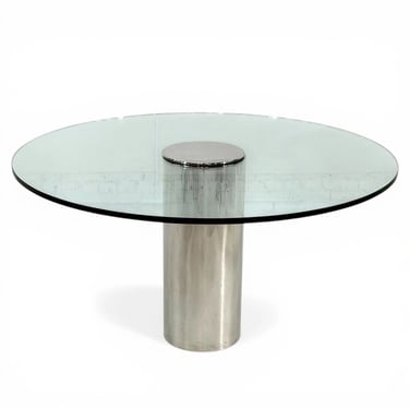 Brueton Chrome and Glass Cylindrical Pedestal Dining Table, 1980