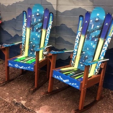 Set of 2 - Rocking Hybrid Ski & Snowboard Chairs w/ mountain stripe Front Board, Anniversary Gift, Customized Chairs, Recycled Ski 